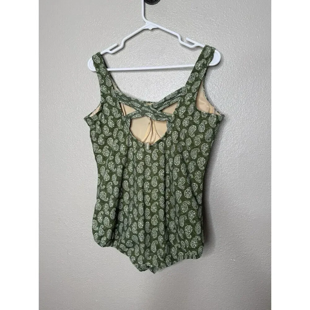 Lands' End 18W Swimsuit One Piece Underwire Bra Top Green White Paisley Swim